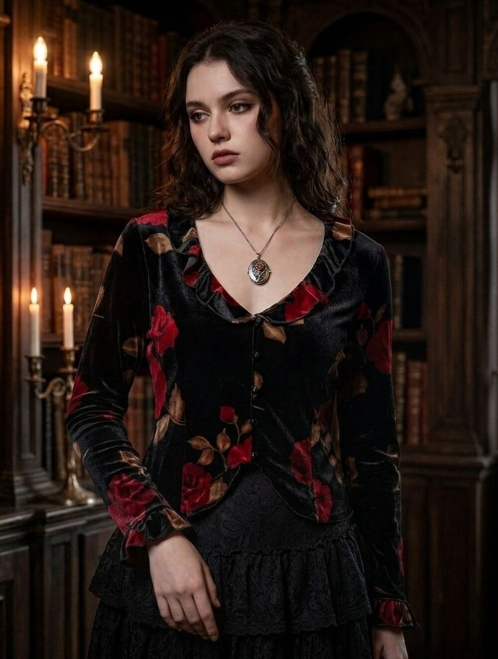 Vintage Womens Whimsigoth Dark Romantic Velvet Top 6 Floral Ruffle Fairy Grunge
